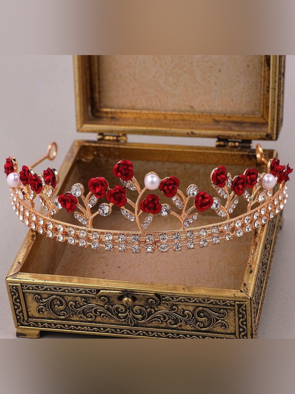Gold Red Rose Crystal Tiara Headpiece